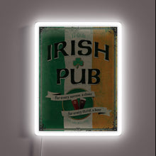 Load image into Gallery viewer, Authentic vintage-inspired Irish pub decor with vibrant RGB neon lighting.