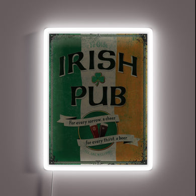 Authentic vintage-inspired Irish pub decor with vibrant RGB neon lighting.