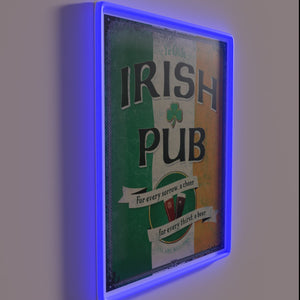 Retro Celtic themed pub decor with colorful neon illumination accents.