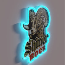 Load image into Gallery viewer, Retro Shiner Bock beer logo illuminated by vibrant RGB neon lights.