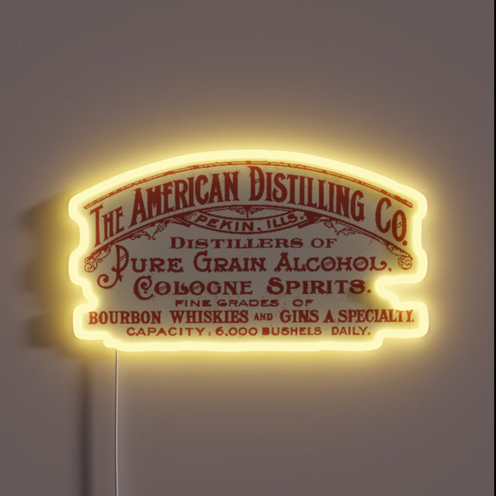 Retro styled illuminated sign featuring Pekin's iconic distillery heritage legacy.