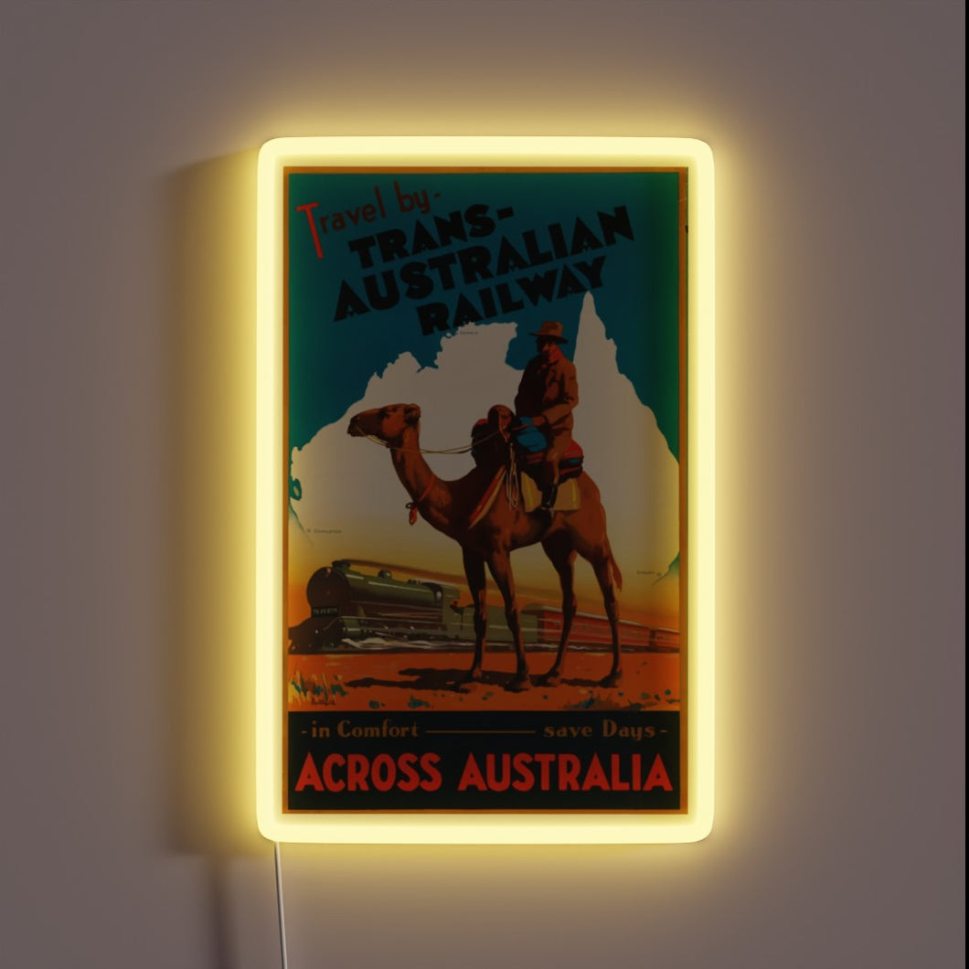 Retro travel advertisement style Australia map with bright neon accents
