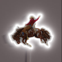 Load image into Gallery viewer, Vintage Western Rodeo Art Bronco Busting Cowboy RGB neon sign, front view lit, printed on acrylic