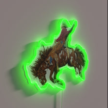 Load image into Gallery viewer, Vintage Western Rodeo Art Bronco Busting Cowboy RGB neon sign, side view lit showing the depth of the acrylic sign