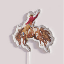 Load image into Gallery viewer, Vintage Western Rodeo Art Bronco Busting Cowboy RGB neon sign, side view with lights off showing acrylic backing and LED tube