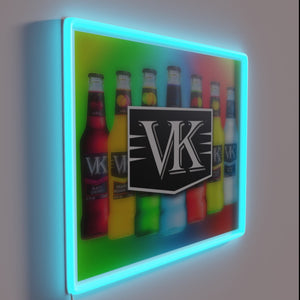 Neon lit bar sign in bold RGB vodka flavors.