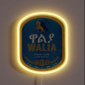 Ethiopian beer brand logo illuminated with vibrant RGB neon lights