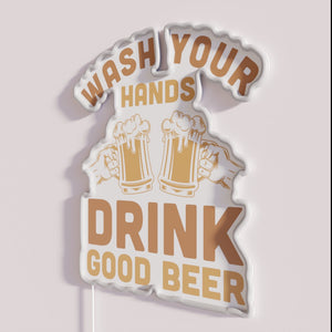 Neon bar decor with humorous hygiene and beverage priority message