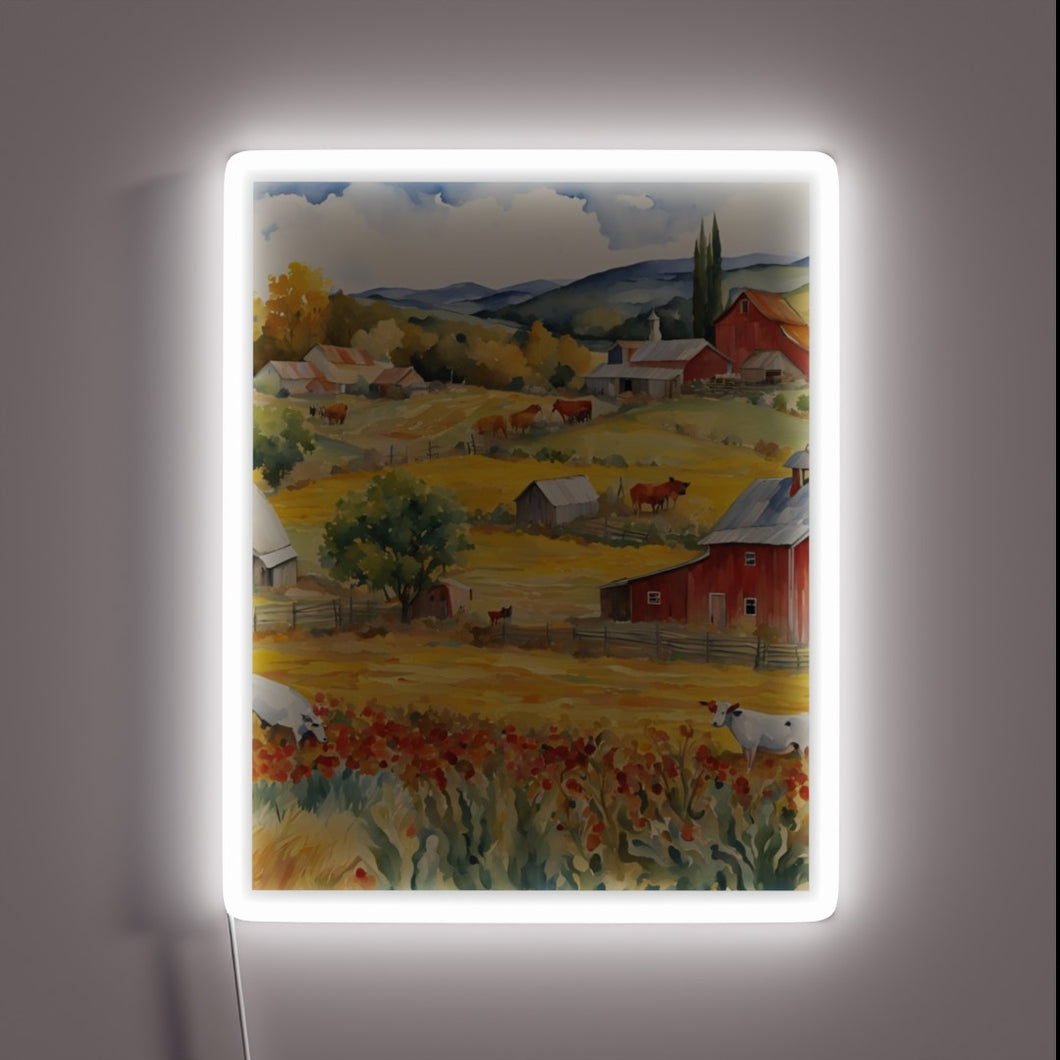 Whimsical watercolor countryside farmhouse landscape art print with neon accents.