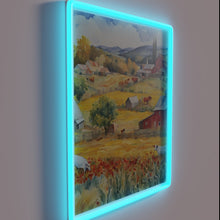 Load image into Gallery viewer, Whimsical watercolor countryside landscape art print with rustic farmhouse glow.