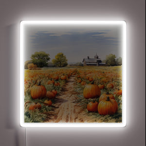 Whimsical watercolor design featuring rustic pumpkins under neon RGB lighting.