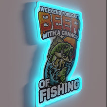 Load image into Gallery viewer, Neon weekend forecast sign featuring beer and fishing bass icons