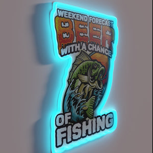 Neon weekend forecast sign featuring beer and fishing bass icons