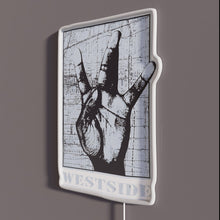Load image into Gallery viewer, West Side Hand Sign RGB neon sign, side view with lights off showing acrylic backing and LED tube