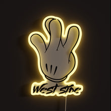 Load image into Gallery viewer, West Side Glove RGB neon sign, front view lit, printed on acrylic