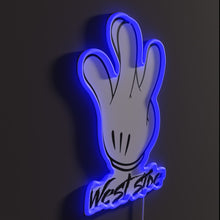Load image into Gallery viewer, West Side Glove RGB neon sign, side view lit showing the depth of the acrylic sign