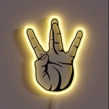 Load image into Gallery viewer, Alt text: &quot;Neon sign of a hand making the West Coast &#39;W&#39; gesture, outlined with a yellow glow.&quot;
