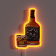 Load image into Gallery viewer, Alt text: Neon sign of a whiskey bottle labeled &quot;WHISKEY 1866 40%&quot; alongside a glass filled with ice and whiskey, glowing with an orange outline.
