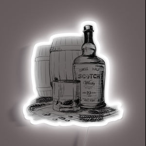 Illuminated whiskey distillery logo in vibrant multicolor neon lighting