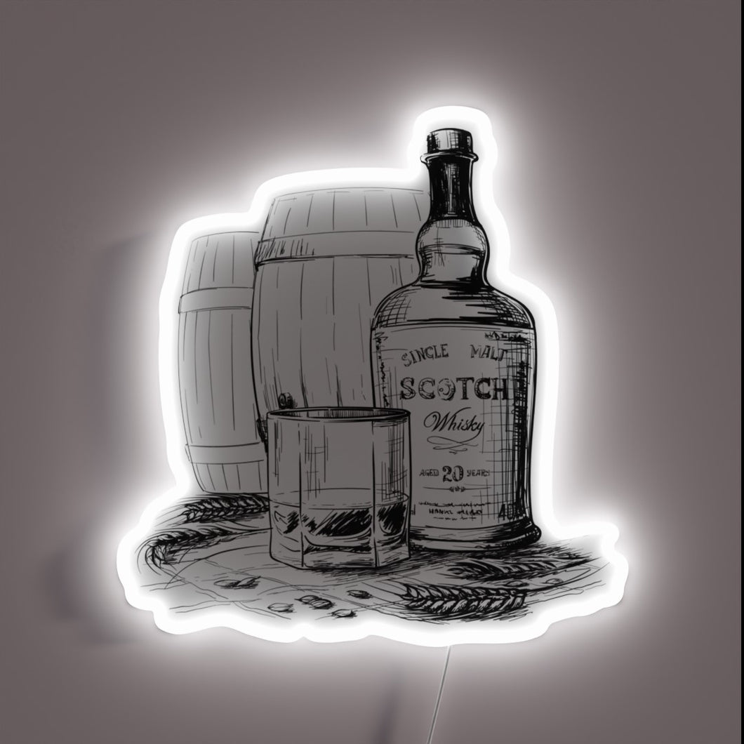 Illuminated whiskey distillery logo in vibrant multicolor neon lighting