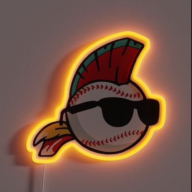 This neon artwork of a baseball-headed character rocking sunglasses and a mohawk is bursting with attitude — the perfect sign for fans who like their sports wild, fun, and full of personality.