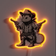 Load image into Gallery viewer, Wild West Possum with Pistols LED neon sign, front view lit in warm orange, cowboy possum printed on acrylic