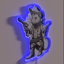 Load image into Gallery viewer, Wild West Possum with Pistols LED neon sign, side view lit in blue showing depth of the acrylic sign
