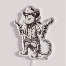 Load image into Gallery viewer, Wild West Possum with Pistols neon sign, side view with lights off showing acrylic backing and LED tube