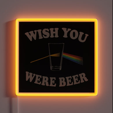 Whimsical bar decor with glowing 'Wish You Were Beer' LED.