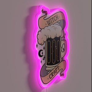 Halloween party decoration featuring witch and wine theme in neon.