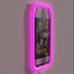 Wrapped in glowing neon lights, a modern cryptic art statement.