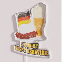 Load image into Gallery viewer, Neon German-themed beer and bratwurst inspired party decoration sign.