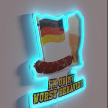 Load image into Gallery viewer, Neon sign with funny German beer brat-themed wordplay in color