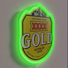 Load image into Gallery viewer, Retro styled XXXX gold logo in vibrant RGB neon lighting