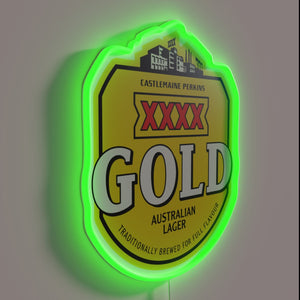 Retro styled XXXX gold logo in vibrant RGB neon lighting
