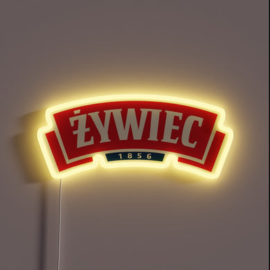 Vibrant LED sign featuring Zywiec Beer's logo in neon colors