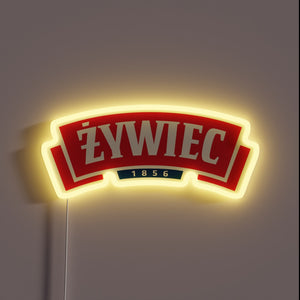 Vibrant LED sign featuring Zywiec Beer's logo in neon colors