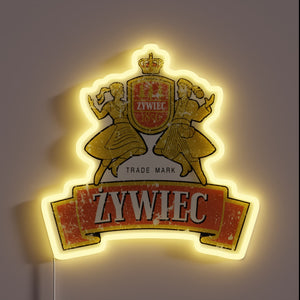 Traditional Polish brewery's iconic logo in vibrant RGB neon style