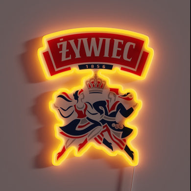 Vibrant neon beer sign featuring Zywiec's iconic Polish beer logo.