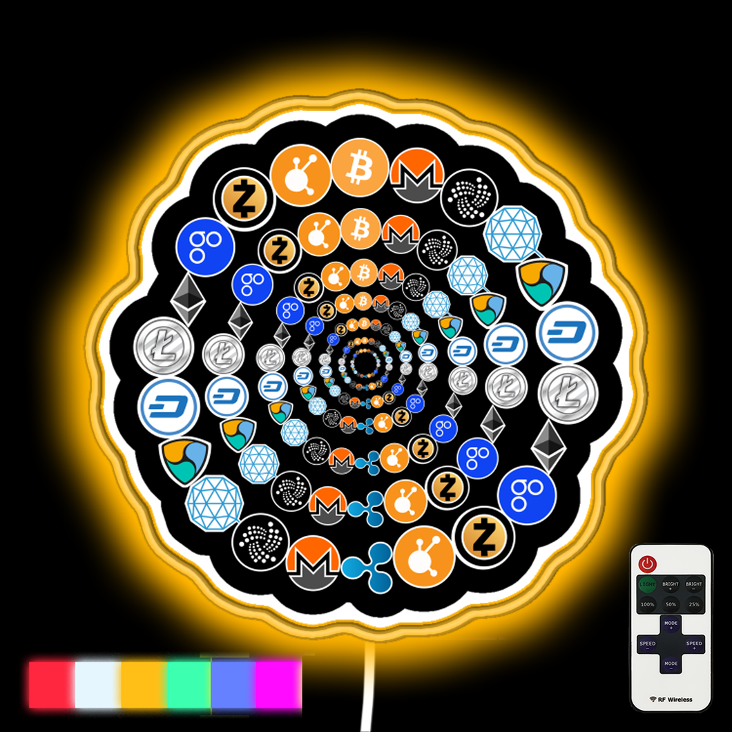 Cryptocurrency Light. Ethereum, Bitcoin, Litecoin. Crypto Set, Crypto network, blockchain technology, OmiseGo, Qtum, BTC, ETH, LTC, XMR, QTUM Light. neon led sign