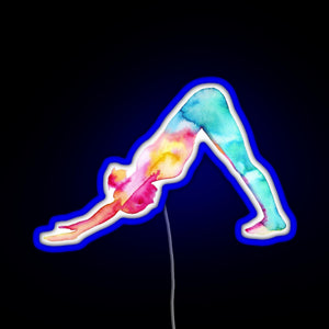 Downward Facing Dog in watercolors RGB neon sign blue