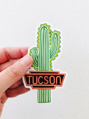 Tucson Cactus Neon Sign Vinyl Sticker - Water Bottle Flask Sticker - Hand drawn sticker - Arizona Sticker