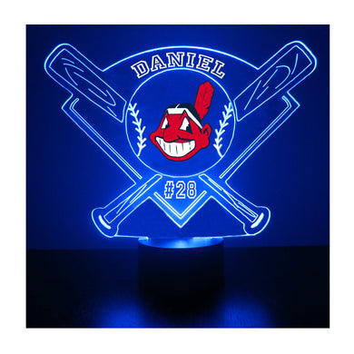 Cleveland Indians Baseball LED Light, Sports Fan Lamps, Light Up Sign, Free Custom Engraved, 16 Color Option, Featuring License Decal