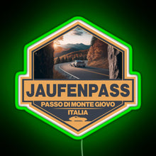 Load image into Gallery viewer, Jaufenpass Italy Travel Art Badge RGB neon sign green