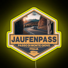 Load image into Gallery viewer, Jaufenpass Italy Travel Art Badge RGB neon sign yellow