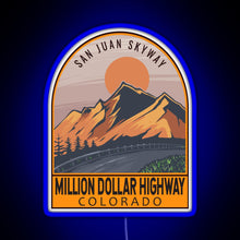 Load image into Gallery viewer, Million Dollar Highway Colorado Retro Travel Emblem RGB neon sign blue