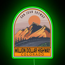 Load image into Gallery viewer, Million Dollar Highway Colorado Retro Travel Emblem RGB neon sign green