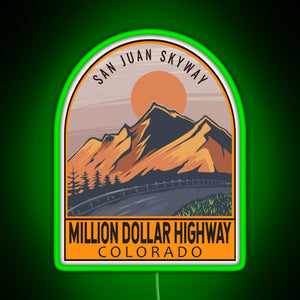 Million Dollar Highway Colorado Retro Travel Emblem RGB neon sign green