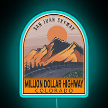 Load image into Gallery viewer, Million Dollar Highway Colorado Retro Travel Emblem RGB neon sign lightblue 