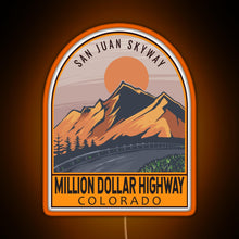 Load image into Gallery viewer, Million Dollar Highway Colorado Retro Travel Emblem RGB neon sign orange